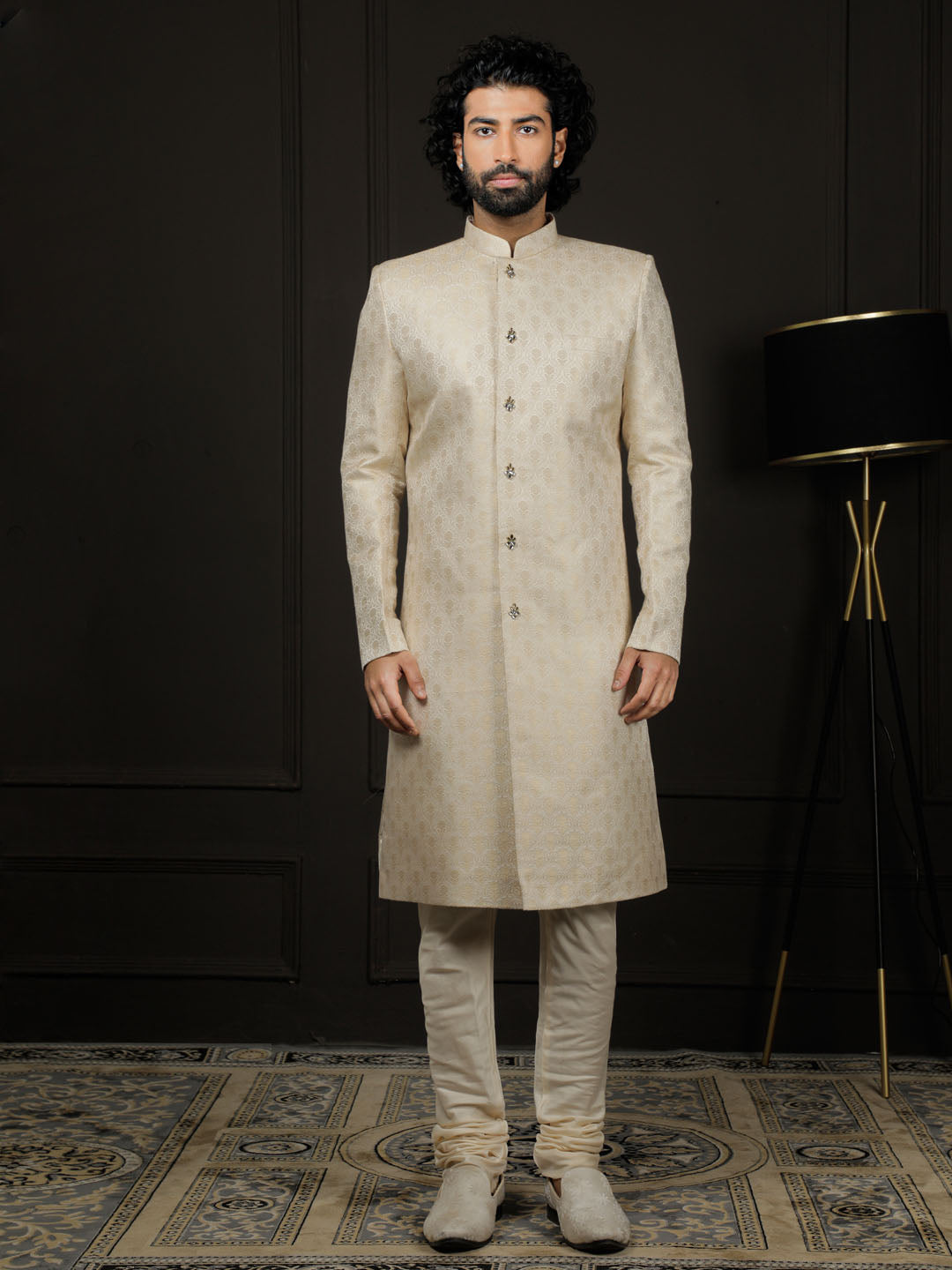 Men's Gold And Cream Silk Blend Sherwani Set