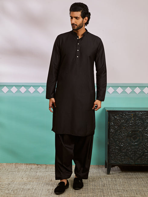 Men's Black Silk Blend Sherwani,Kurta And Patiala Set