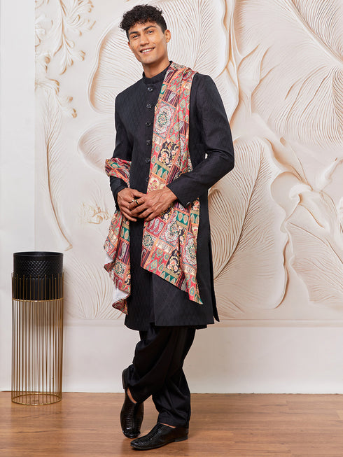 Men’s Black Silk Blend Sherwani with Kurta, Patiala, and Dupatta