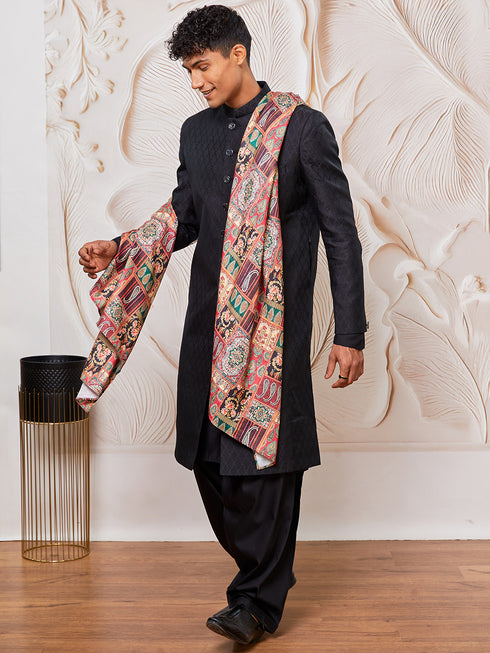 Men’s Black Silk Blend Sherwani with Kurta, Patiala, and Dupatta