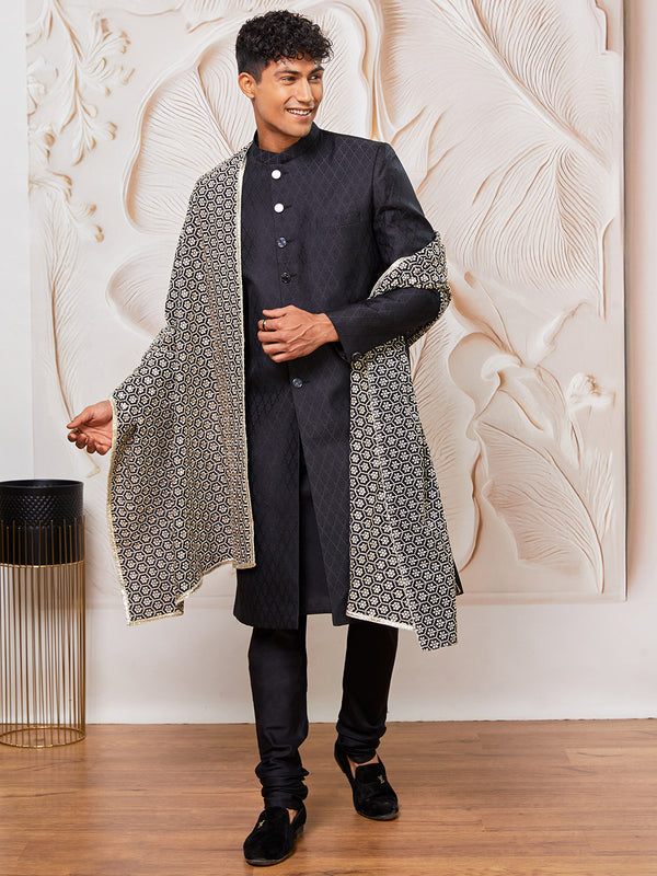 Men's Black Silk Blend Sherwani Kurta Pyjama And Dupata Set