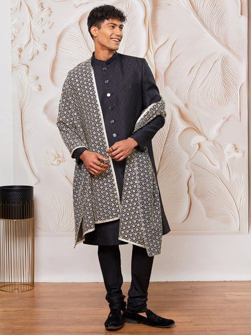Men's Black Silk Blend Sherwani Kurta Pyjama And Dupata Set