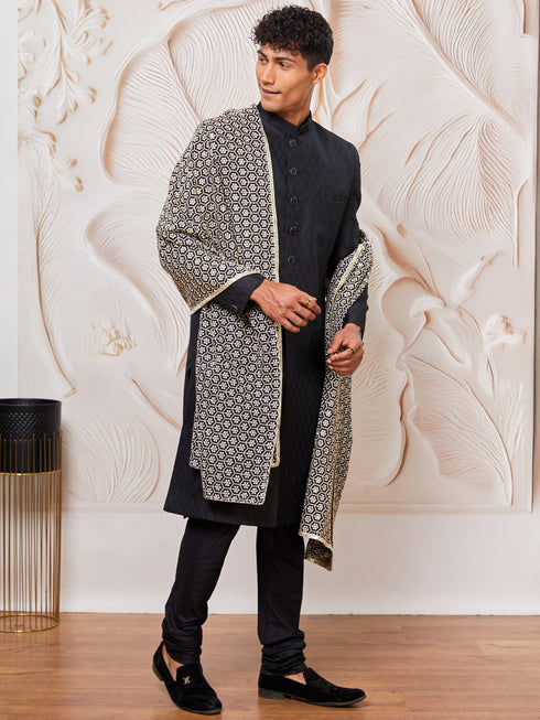 Men's Black Silk Blend Sherwani Kurta Pyjama And Dupata Set