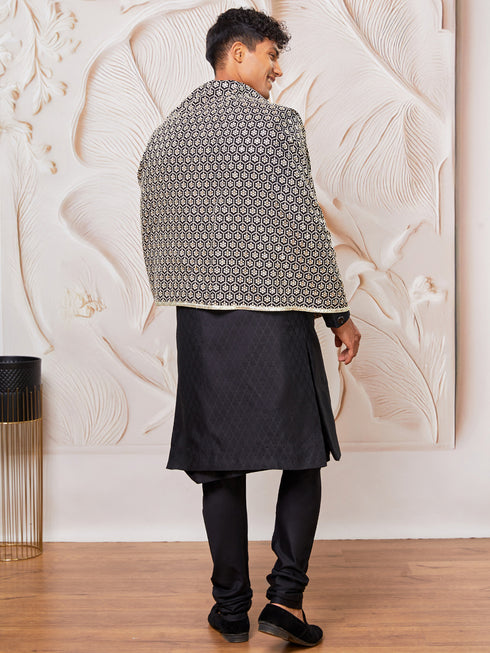 Men's Black Silk Blend Sherwani Kurta Pyjama And Dupata Set