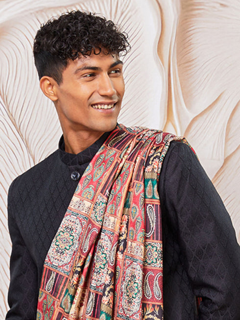 Men's Black Silk Blend Sherwani Kurta Pyjama And Dupata Set