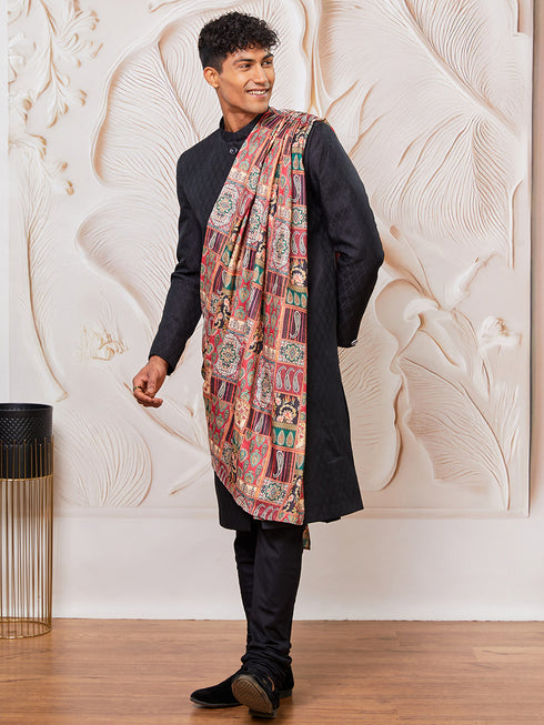 Men's Black Silk Blend Sherwani Kurta Pyjama And Dupata Set