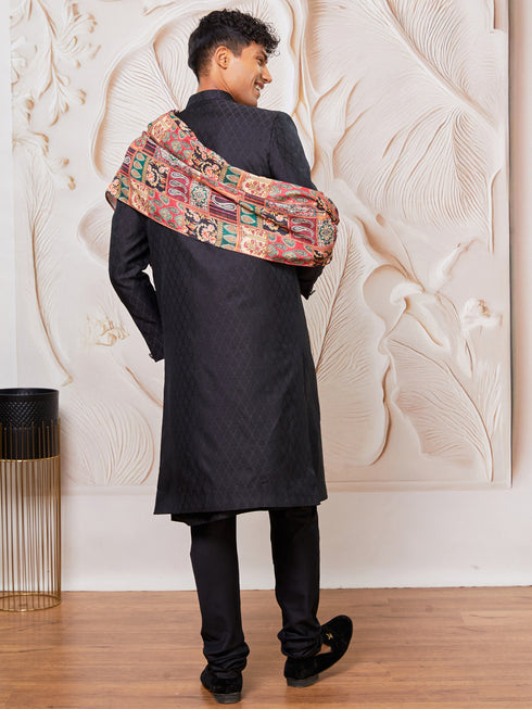 Men's Black Silk Blend Sherwani Kurta Pyjama And Dupata Set