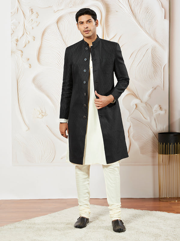 Men's Black Silk Blend Sherwani,Kurta And Pyjama Set