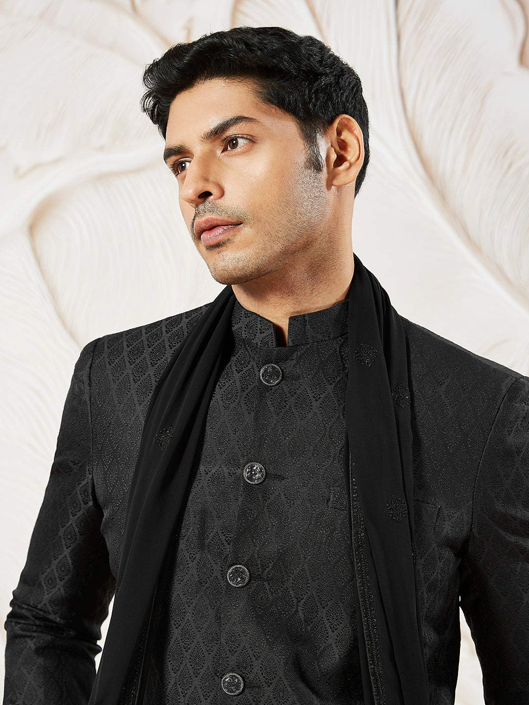 Men's Black Silk Blend Sherwani,Kurta ,Pyjama And Dupatta Set