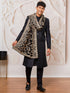 Men's Black Kalka Jacquard Sherwani Set with Viscose Pyjama & Embroidered Velvet Dupatta