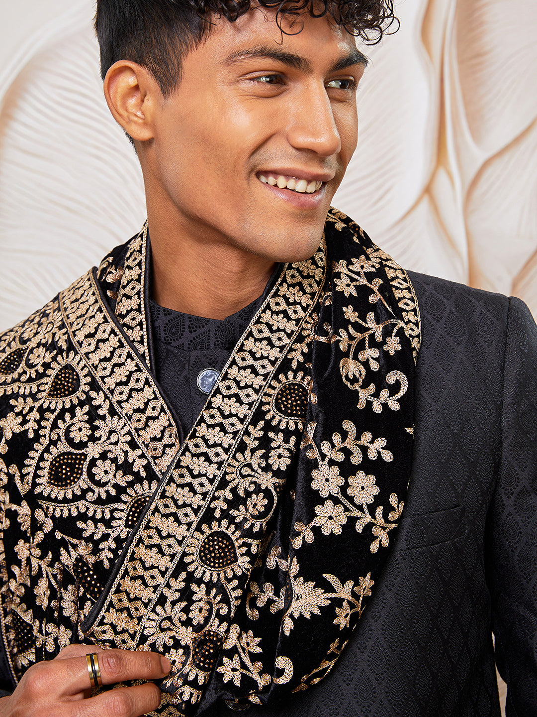 Men's Black Kalka Jacquard Sherwani Set with Viscose Pyjama & Embroidered Velvet Dupatta