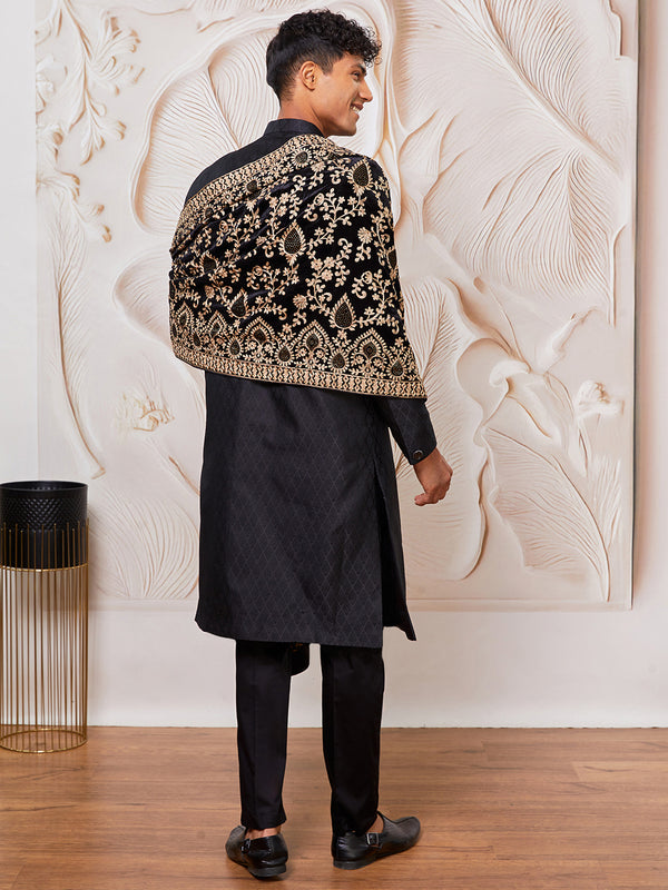 Men's Black Kalka Jacquard Sherwani Set with Viscose Pyjama & Embroidered Velvet Dupatta