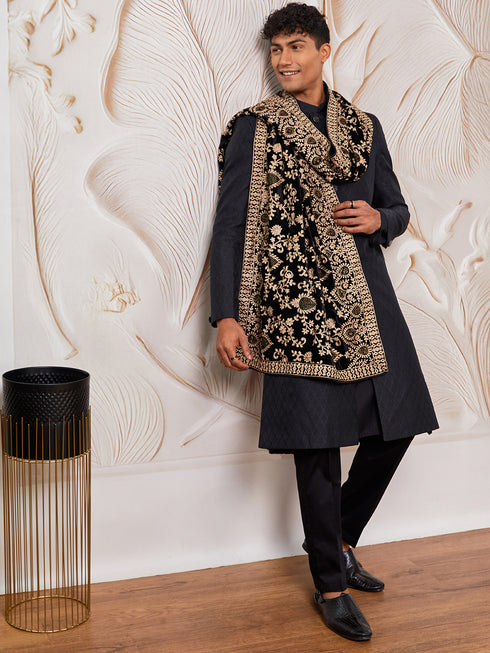 Men's Black Silk Blend Sherwani Pant And Dupatta Set