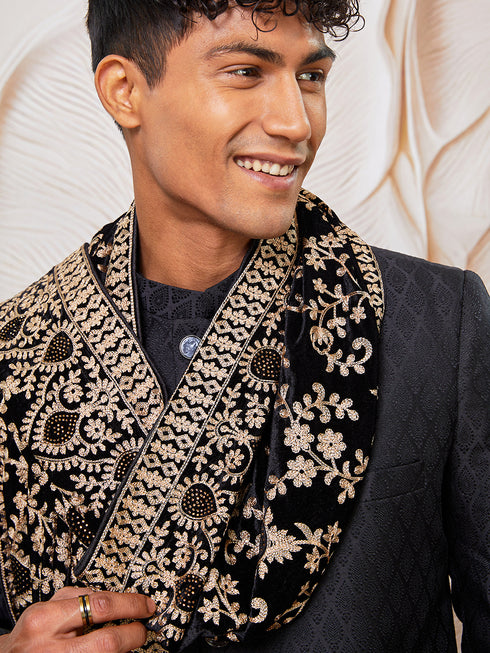 Men's Black Silk Blend Sherwani Pant And Dupatta Set