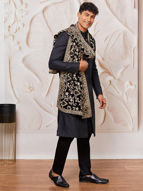 Men's Black Silk Blend Sherwani Pant And Dupatta Set