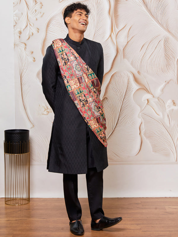 Men's Black Silk Blend Sherwani Pant And Dupatta Set