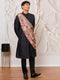 Men's Black Silk Blend Sherwani Pant And Dupatta Set