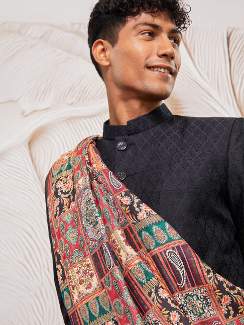 Men's Black Silk Blend Sherwani Pant And Dupatta Set