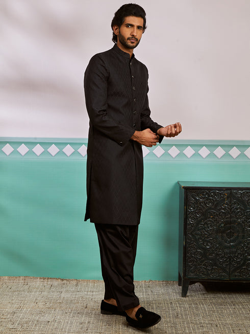 Men's Black Silk Blend Sherwani And Patiala Set
