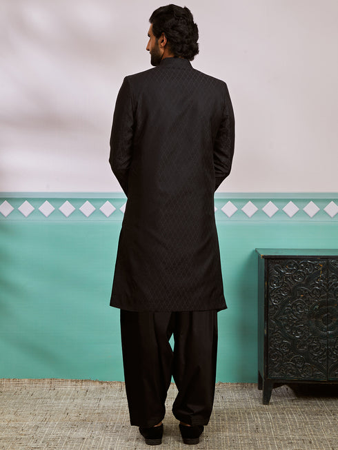 Men's Black Silk Blend Sherwani And Patiala Set
