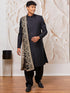 Men's Black Silk Blend Sherwani Pant And Dupatta Set