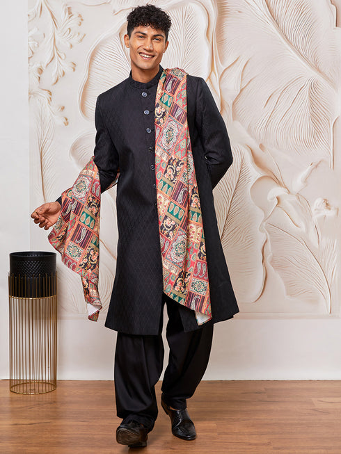 Men's Black Silk Blend Sherwani Patyala And Dupatta Set