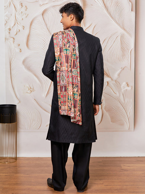 Men's Black Silk Blend Sherwani Patyala And Dupatta Set