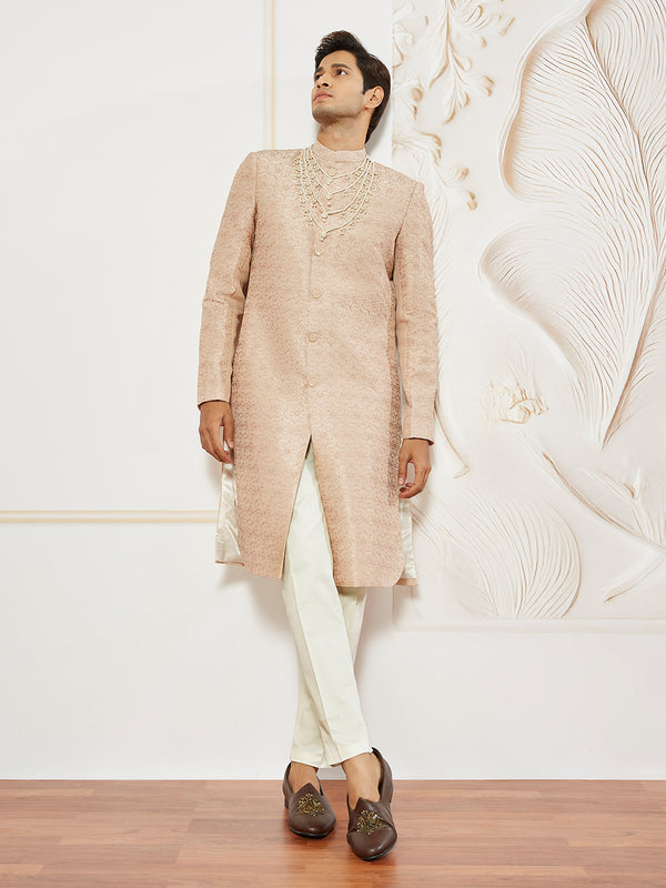 Men's Peach Silk Blend Sherwani And Pyjama Set