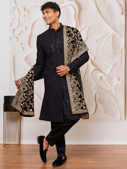 Men's Black Rayon Sherwani Kurta Pyjama And Dupata Set