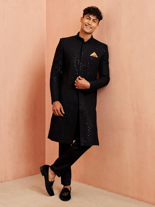Men's Black Rayon Sherwani Set
