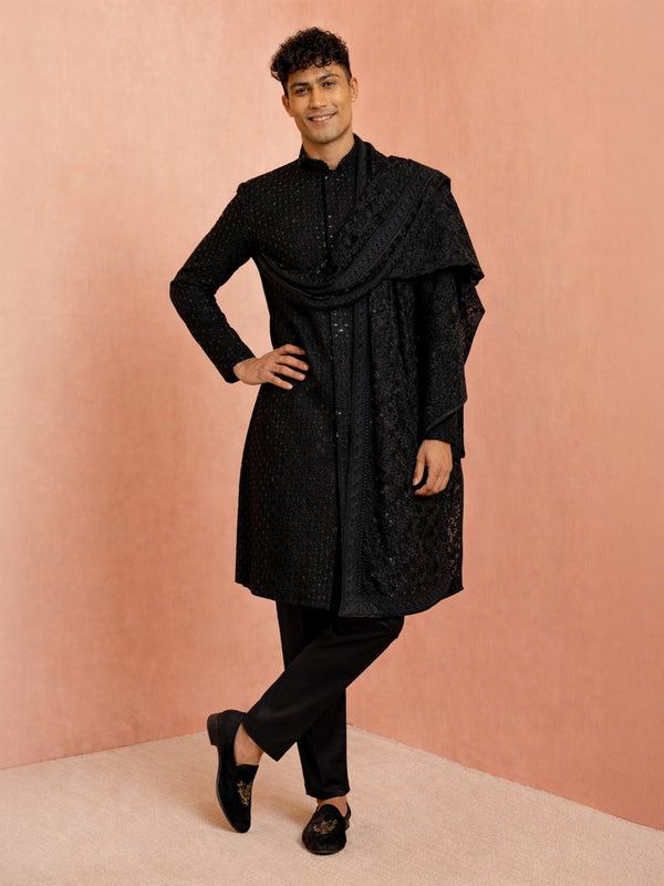 Men Black Chikankari Rayon Sherwani with Pant & Thread Work Georgette Dupatta Set