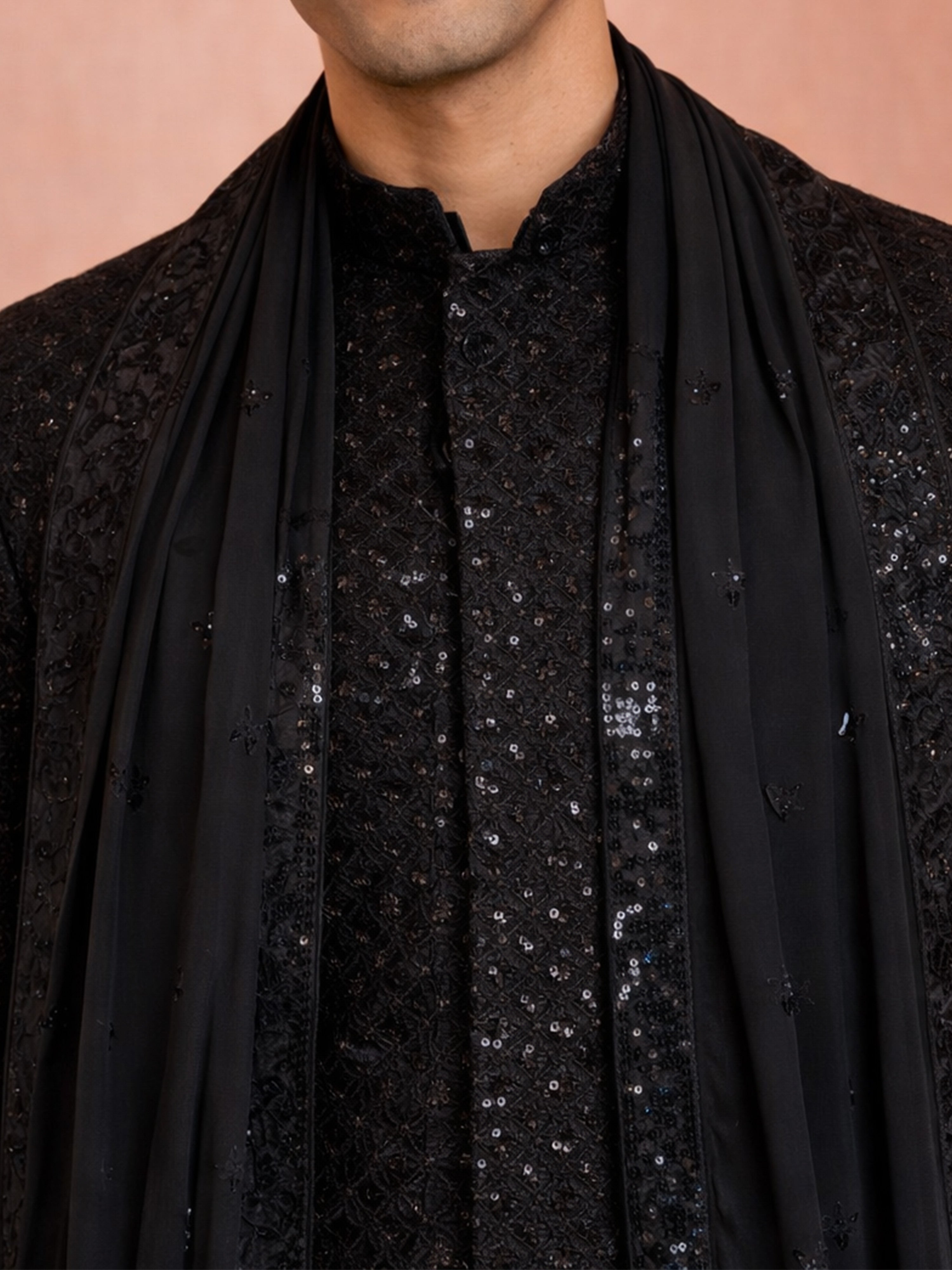 Men Black Chikankari Rayon Sherwani with Pant & Embroidered Georgette Dupatta Set