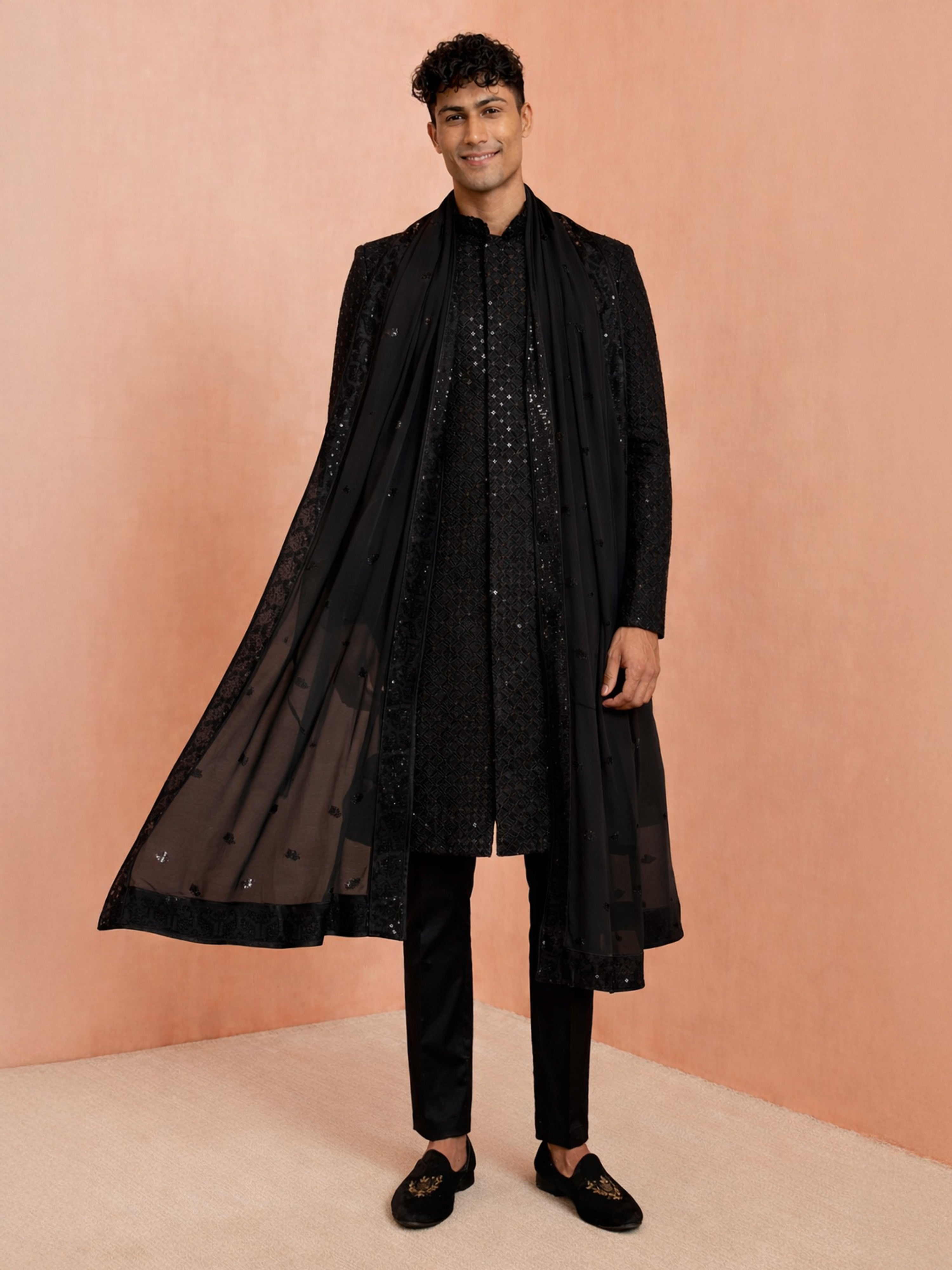 Men Black Chikankari Rayon Sherwani with Pant & Embroidered Georgette Dupatta Set