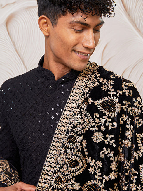Men's Black Cotton Blend Sherwani Pant And Dupatta Set