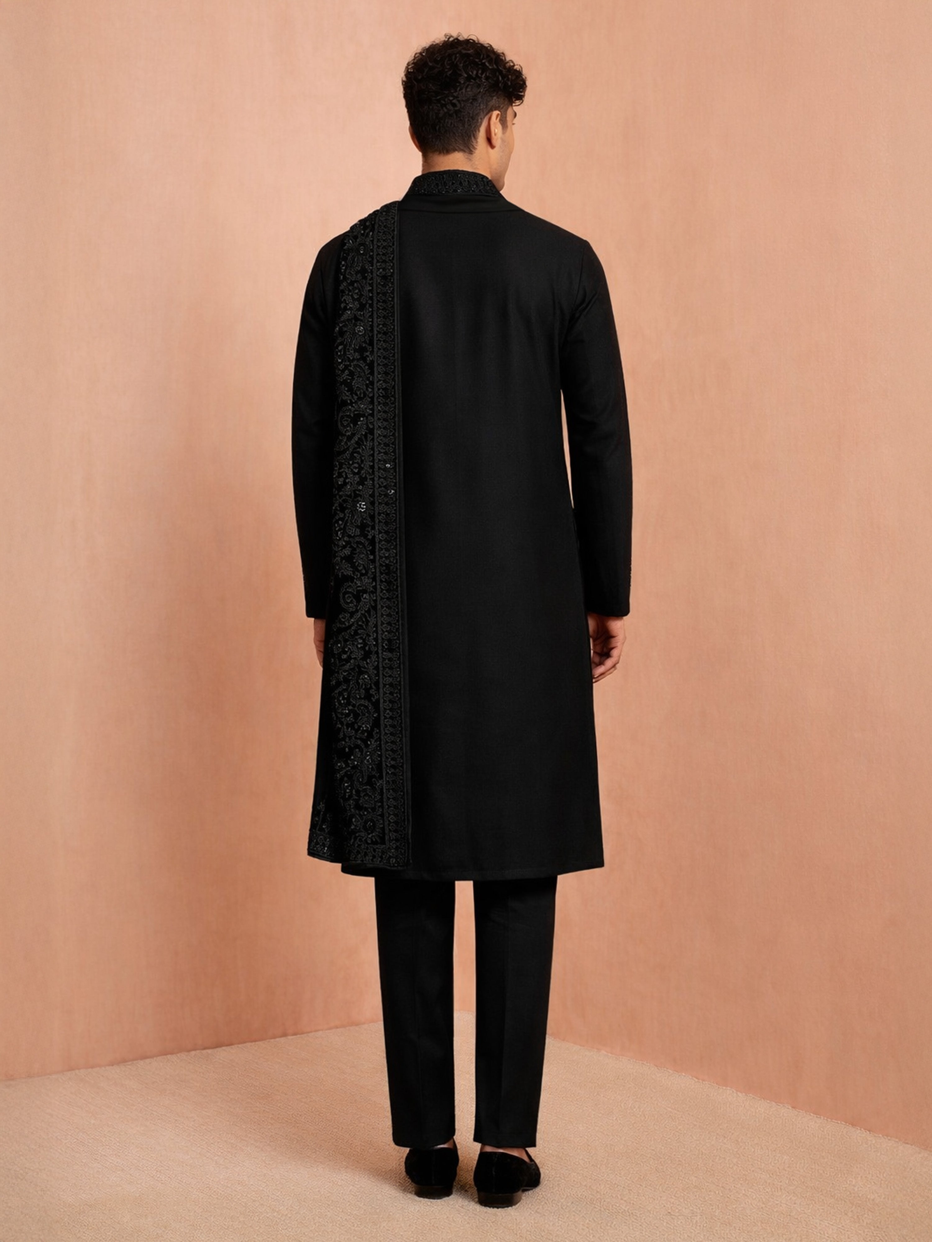 Men Black Chikankari Rayon Sherwani with Pant & Embroidered Velvet Dupatta Set