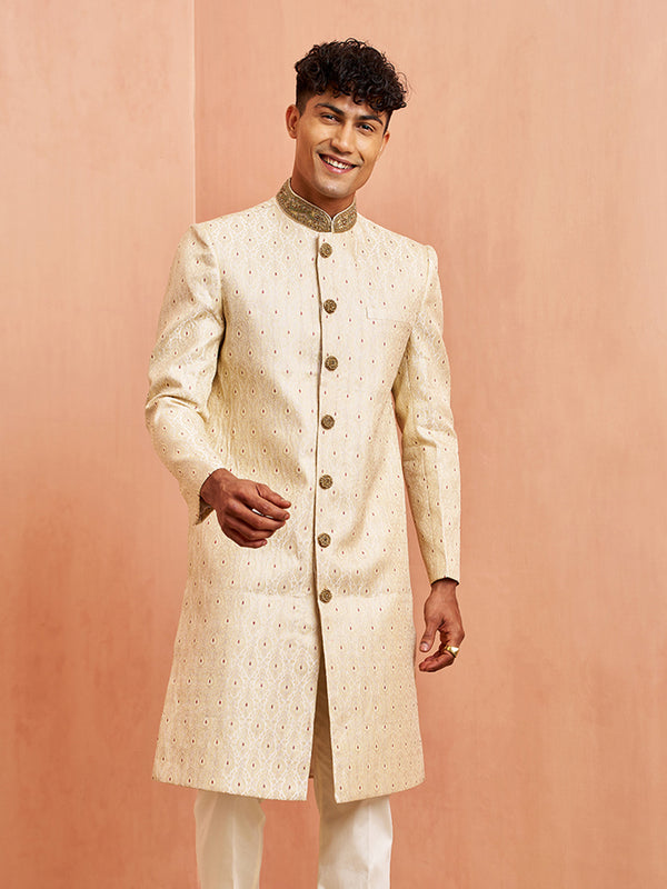 Vastramay Men Cream Silk Sherwani