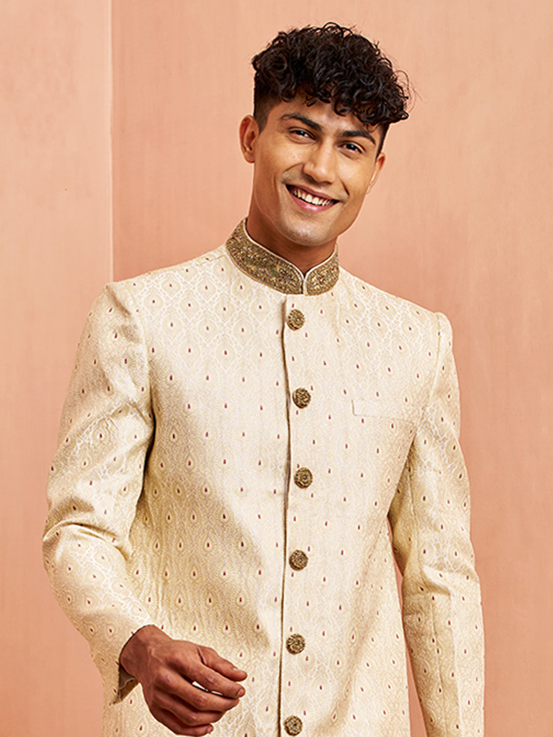 Vastramay Men Cream Silk Sherwani
