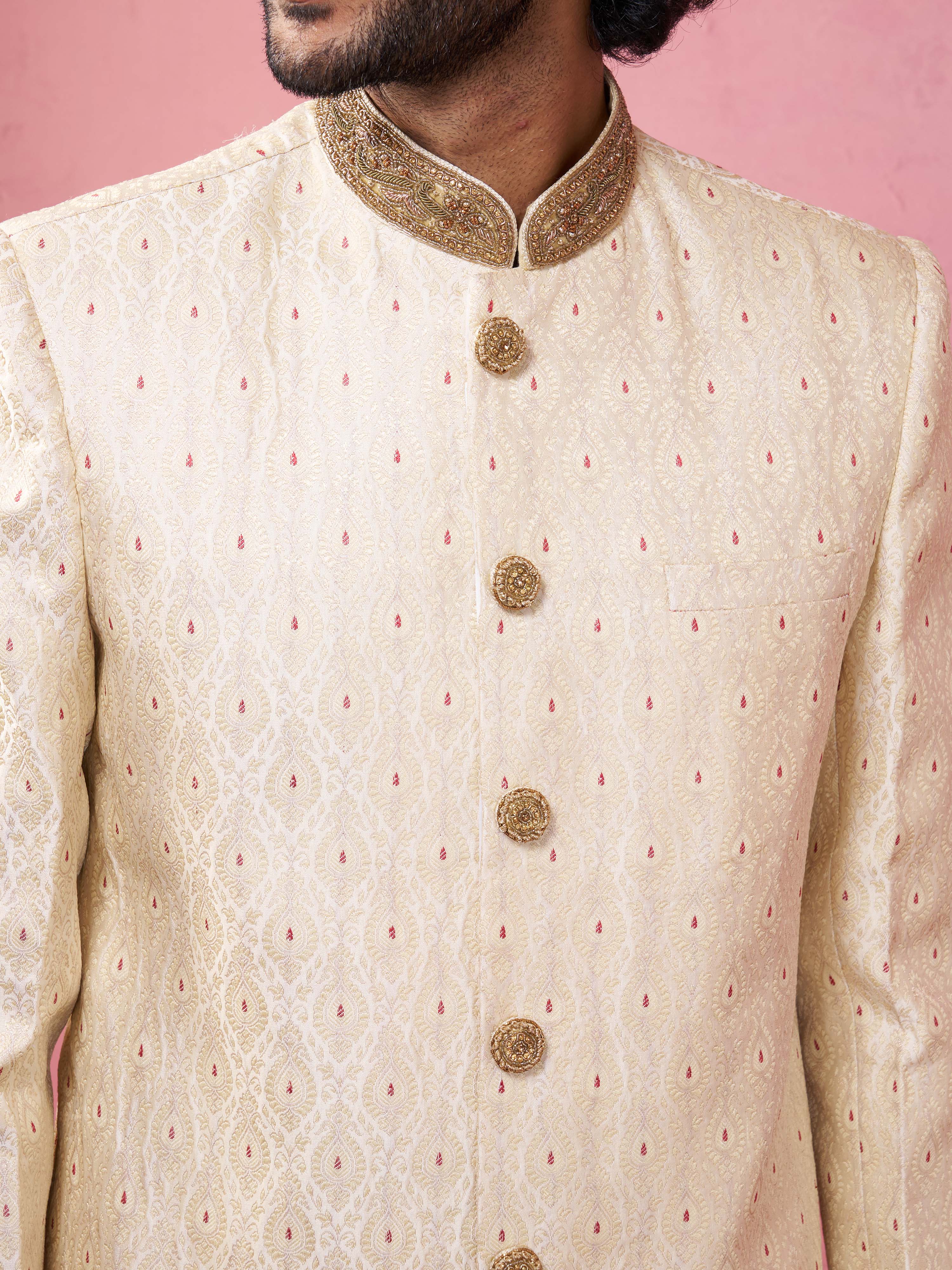 Men's Cream Silk Blend Sherwani Set with Maroon Motifs