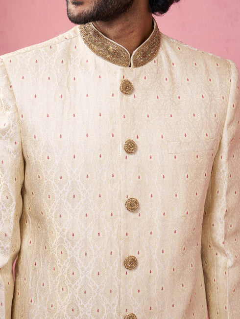 Men's Cream Silk Blend Sherwani Set with Maroon Motifs