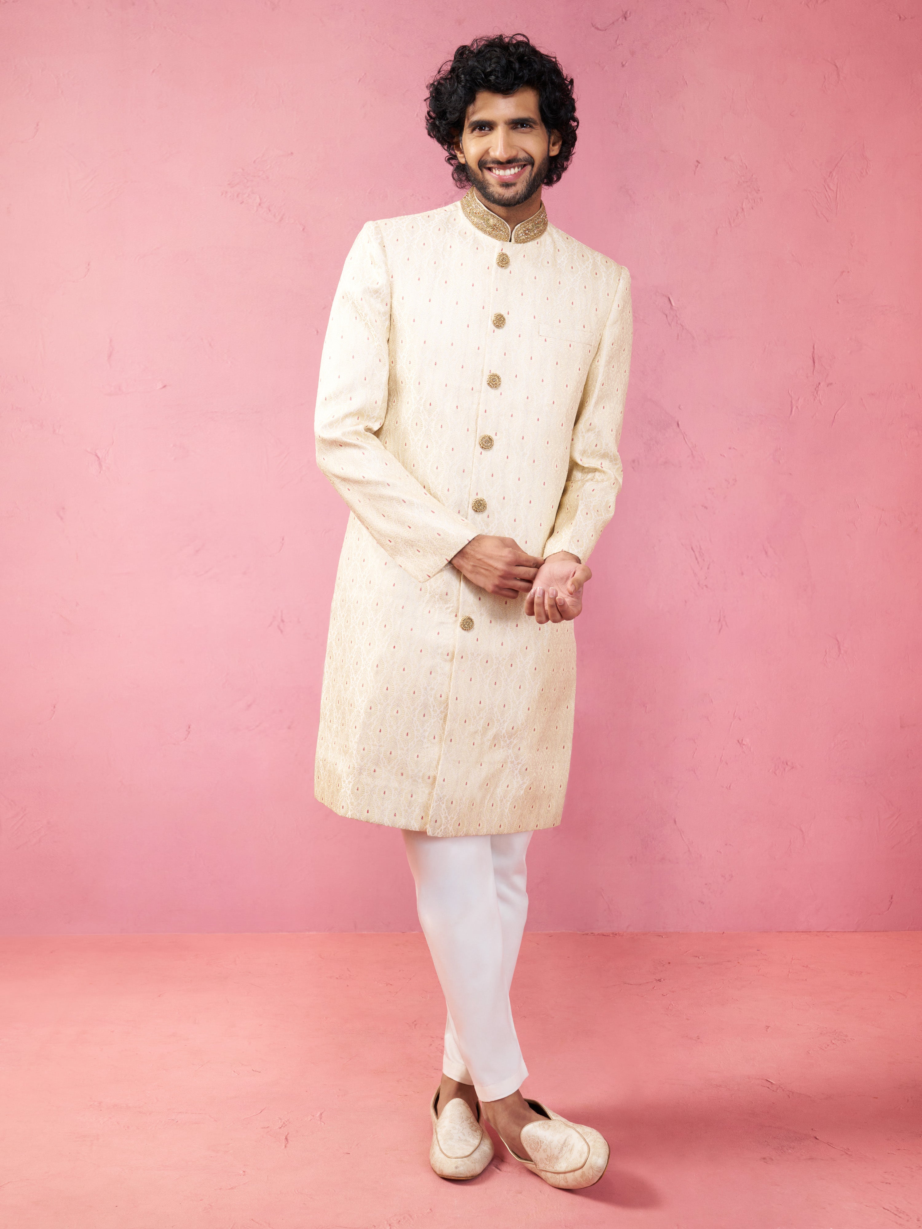 Men's Cream Silk Blend Sherwani Set with Maroon Motifs