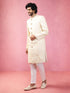 Men's Cream Silk Blend Sherwani Set with Maroon Motifs