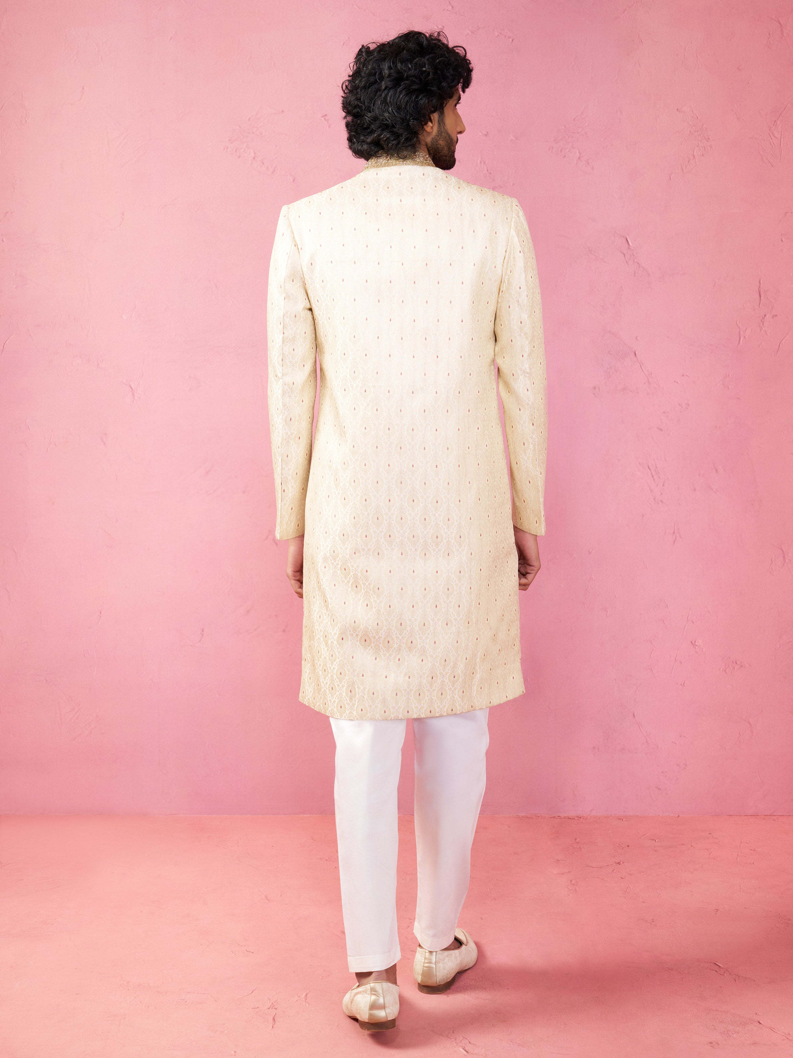 Men's Cream Silk Blend Sherwani Set with Maroon Motifs