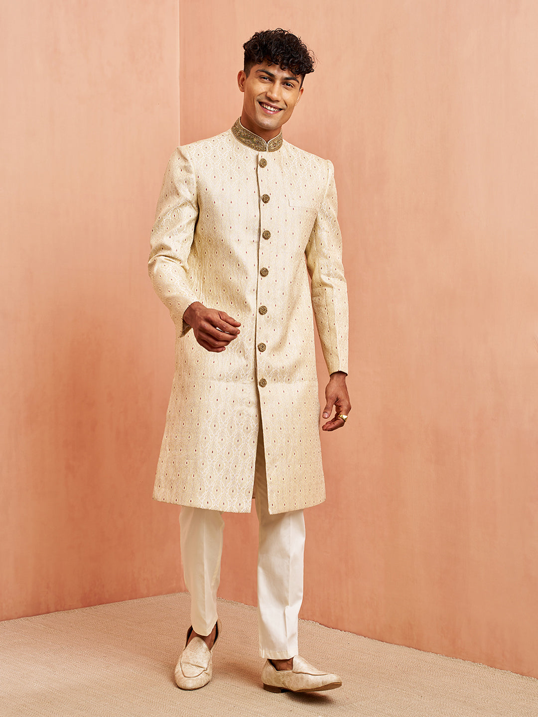 Men's Cream Maroon Jacquard Sherwani Set