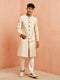 Men's Cream Maroon Jacquard Sherwani Set