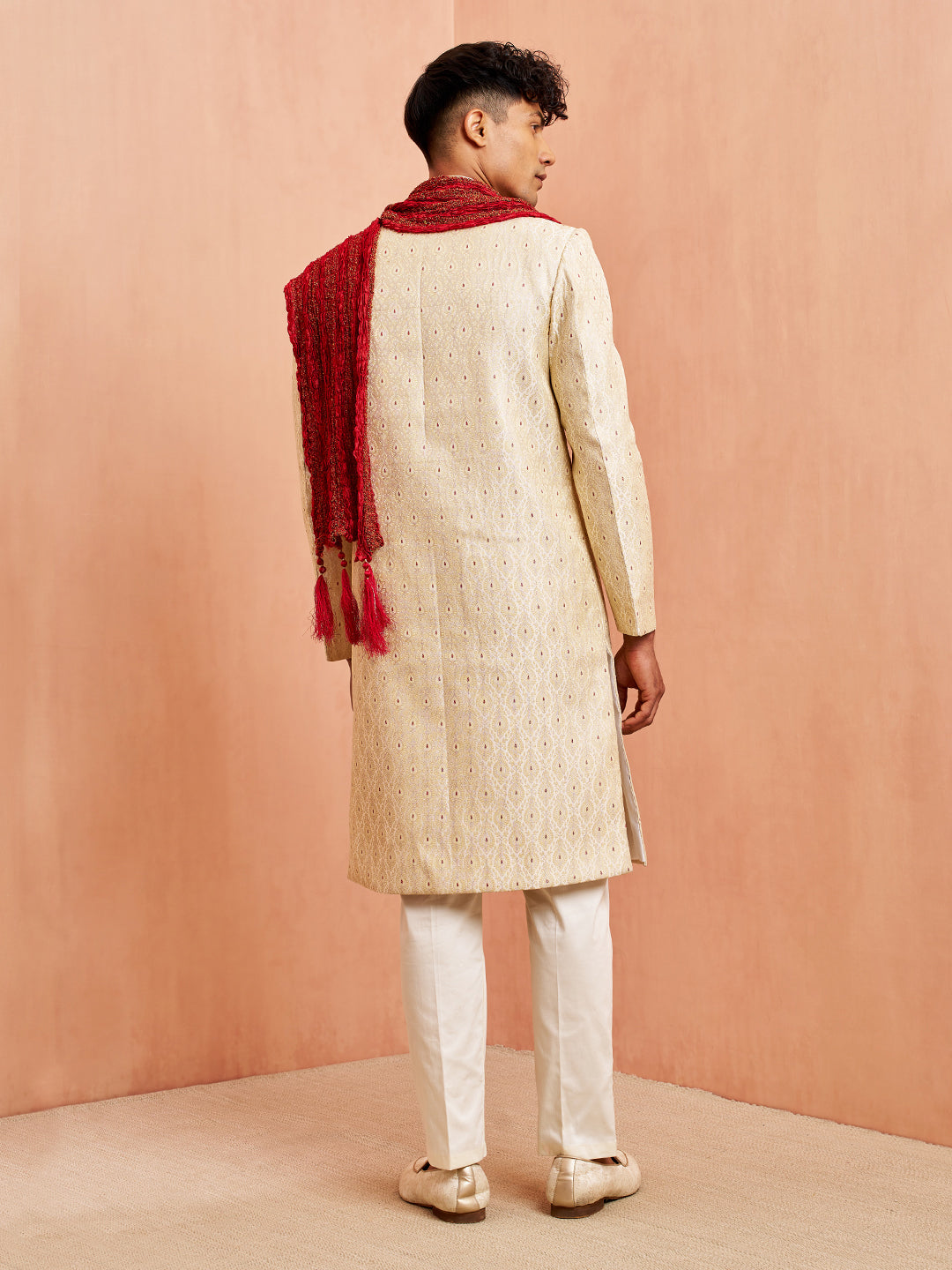 Men's Cream Jacquard Sherwani Pyjama Dupatta Set