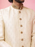 Men's Cream Silk-Blend Ethnic Motiff Thigh Length Sherwani Set with Churidar