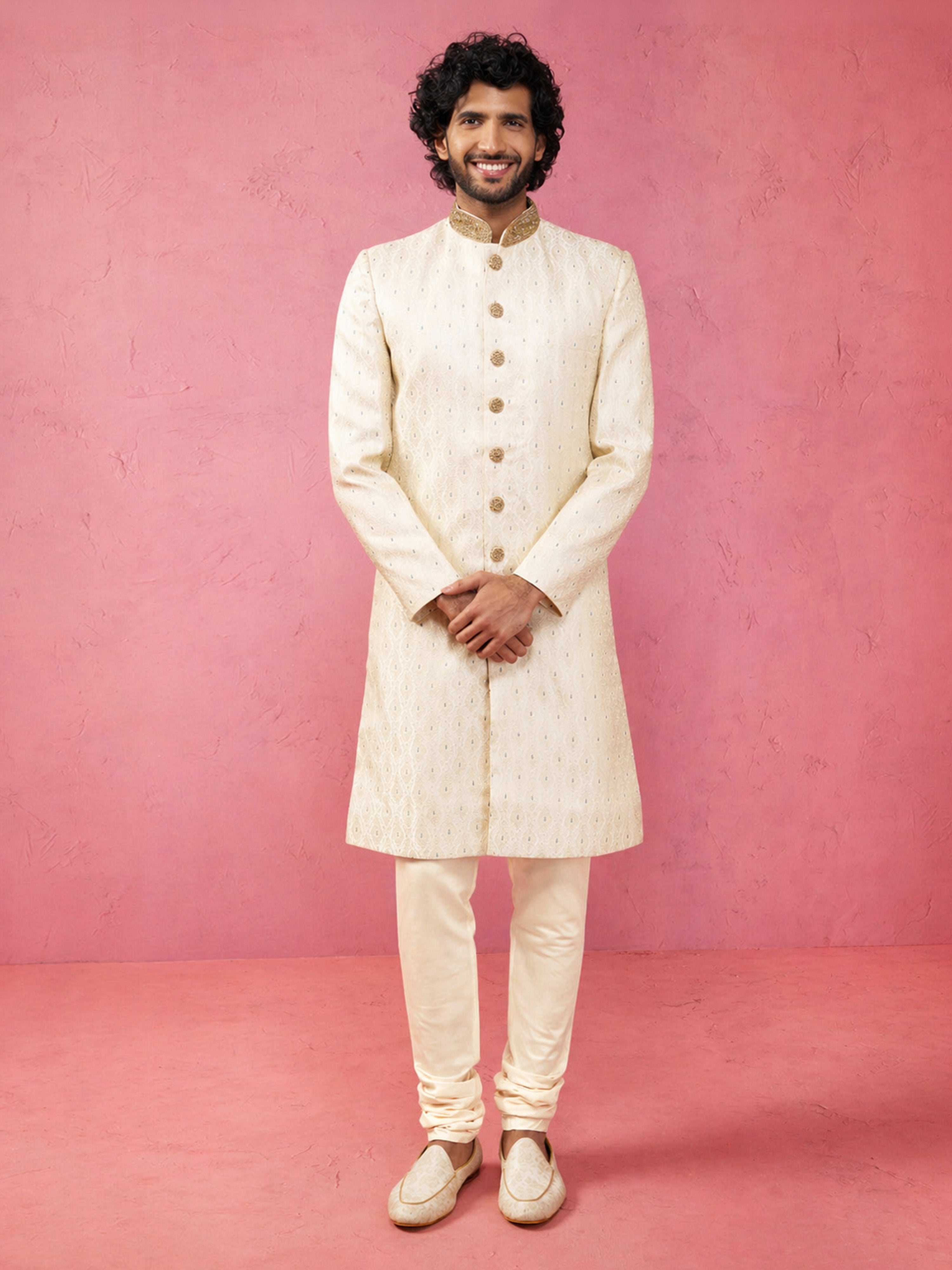 Men's Cream Silk-Blend Ethnic Motiff Thigh Length Sherwani Set with Churidar