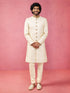 Men's Cream Silk-Blend Ethnic Motiff Thigh Length Sherwani Set with Churidar