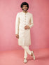 Men Cream Self Design Woven Design Thigh Length Sherwani Set with Churidar