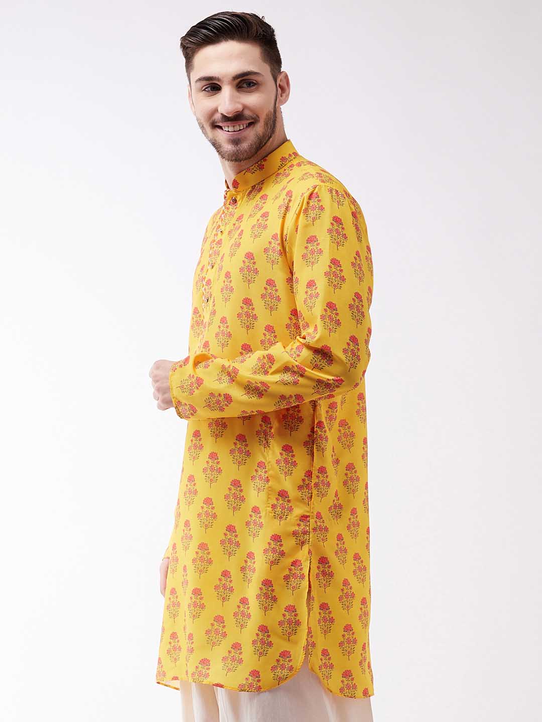 Men's Multicolor-Base-Mustard Muslin Cotton Kurta